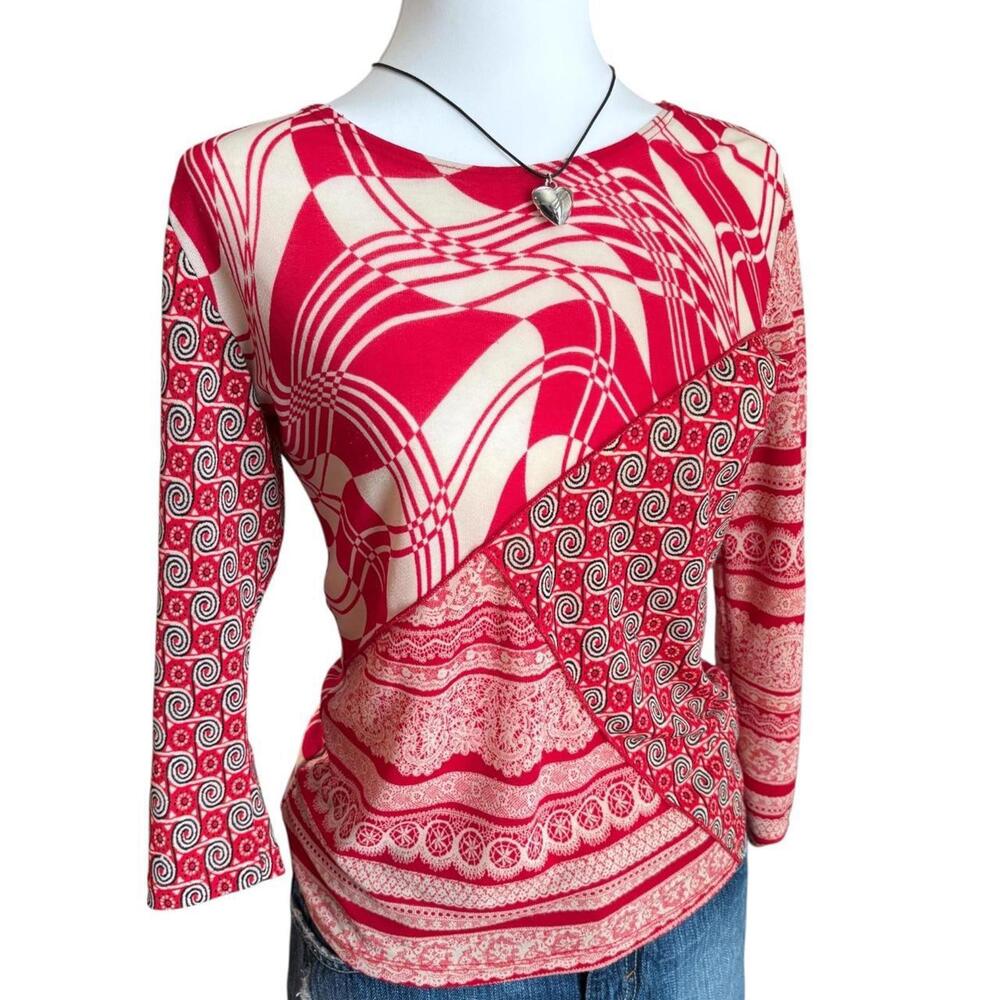 Y2k Euro Style Red Patchwork Patterned Top - image 2